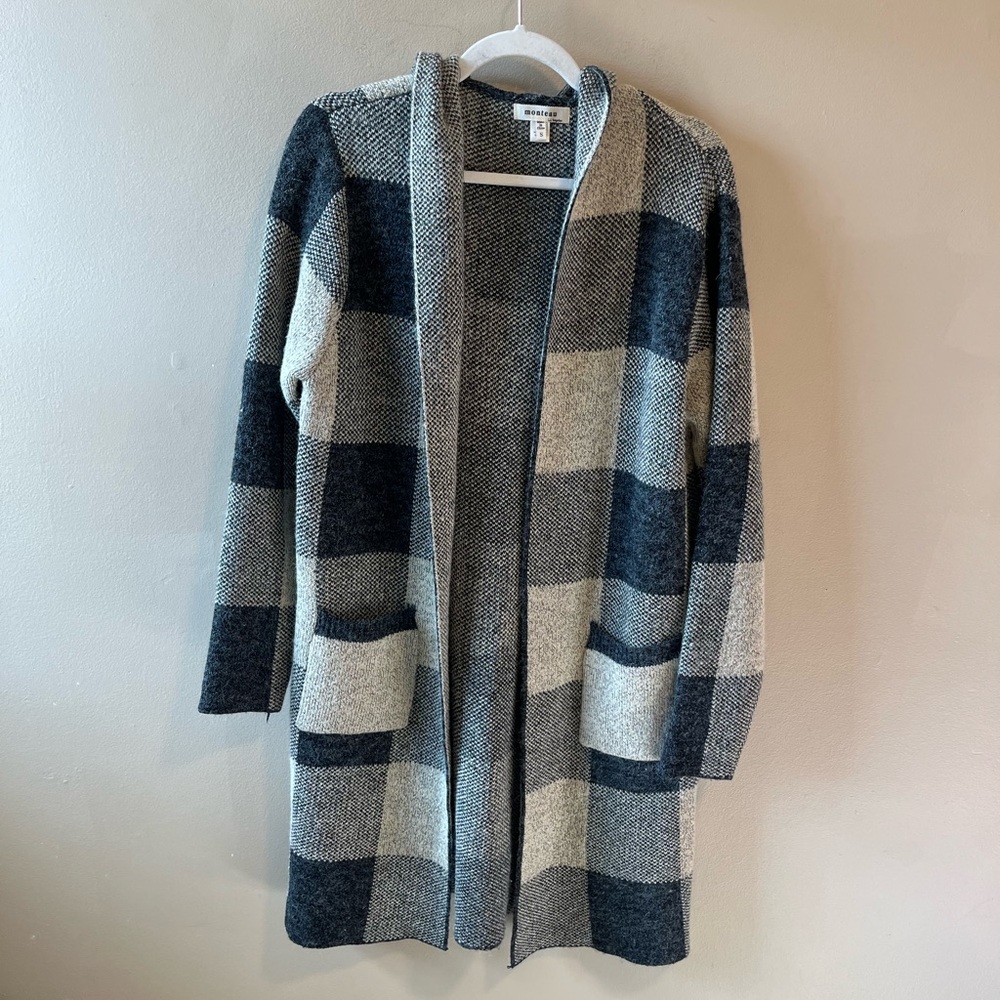 Monteau Black Grey White plaid hooded cardigan sweater shacket Small